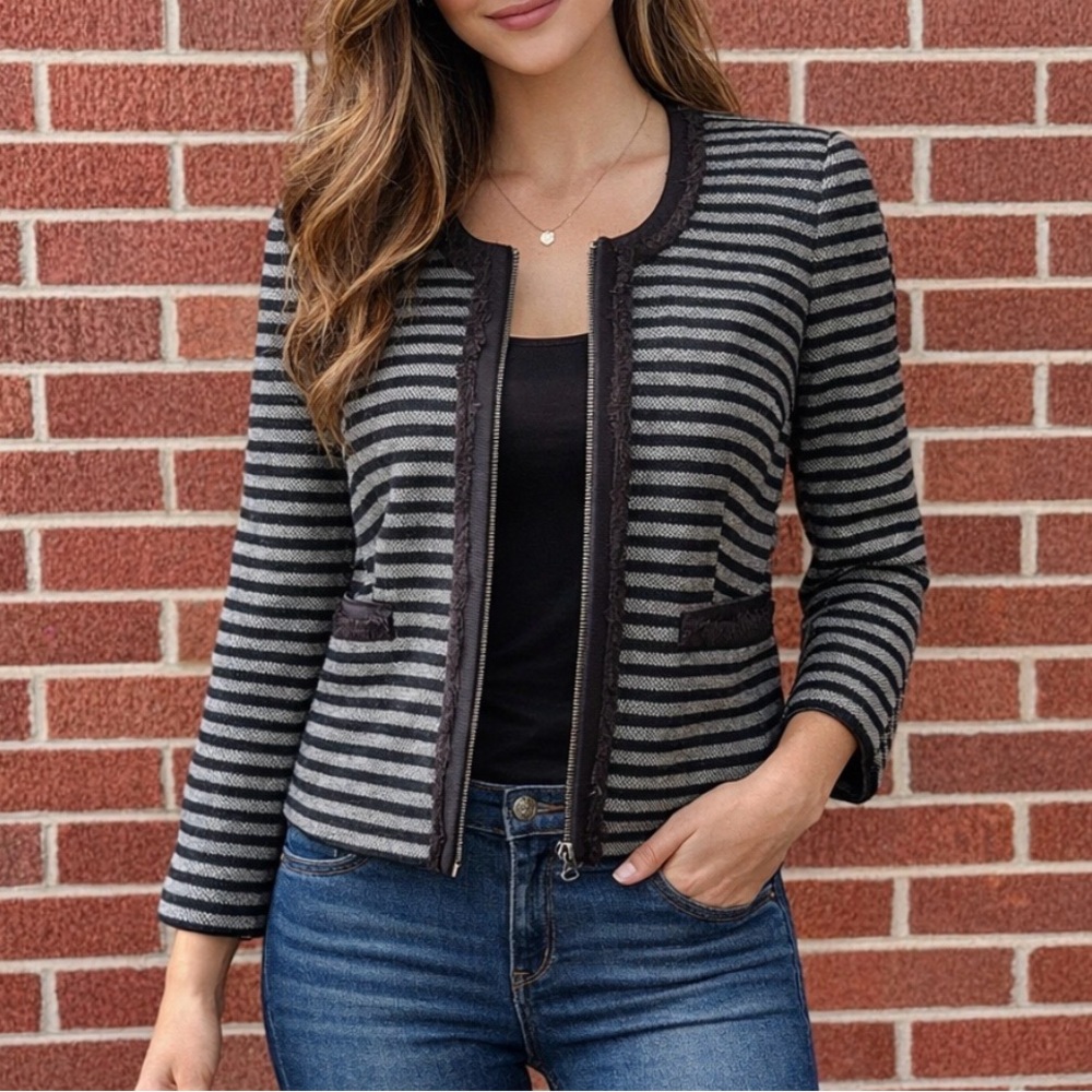 J. Crew NWT Wool Blend Black Gray Stripe Zip Front Jacket Women’s Size 8